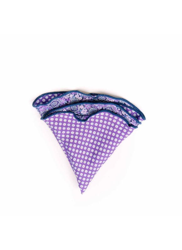 Purple/Lt. Blue Floral Medallions/Shadowed Dots Print Silk Shappe Diamante Reversible Pocket Circle