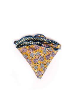 Marigold/Navy Floral Medallions/Shadowed Dots Print Silk Shappe Diamante Reversible Pocket Circle