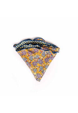 Marigold/Navy Floral Medallions/Shadowed Dots Print Silk Shappe Diamante Reversible Pocket Circle 