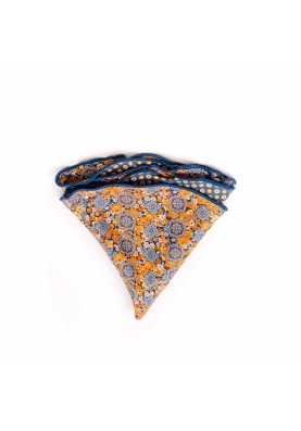 Orange/Navy Floral Medallions/Shadowed Dots Print Silk Shappe Diamante Reversible Pocket Circle 