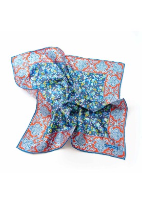 Sapphire/Orange-Red/Sky Blue Floral Print Pocket Square 100% Silk  Twill 14mm (140) 45 X 45 Cm 