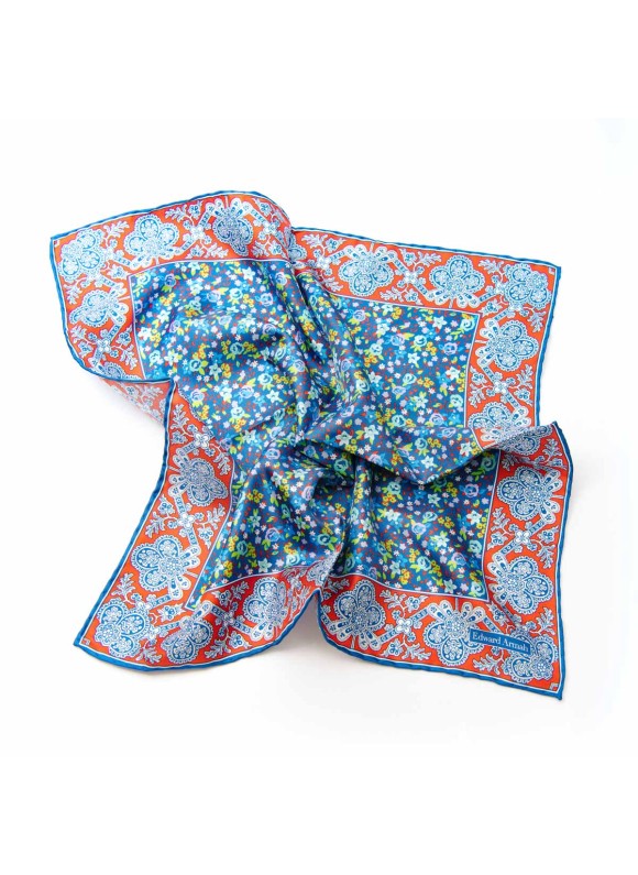 Sapphire/Orange-Red/Sky Blue Floral Print Pocket Square 100% Silk  Twill 14mm (140) 45 X 45 Cm