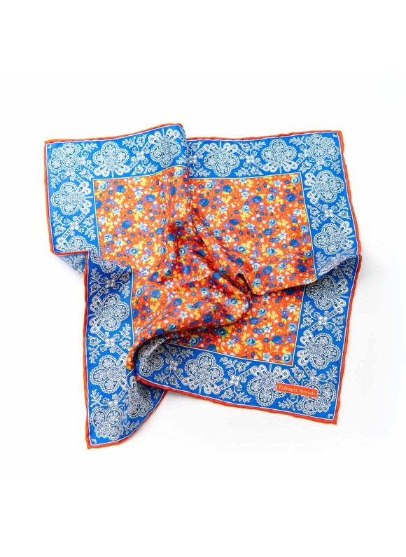 Orange-Red/French Blue/Yellow Floral Print Pocket Square 