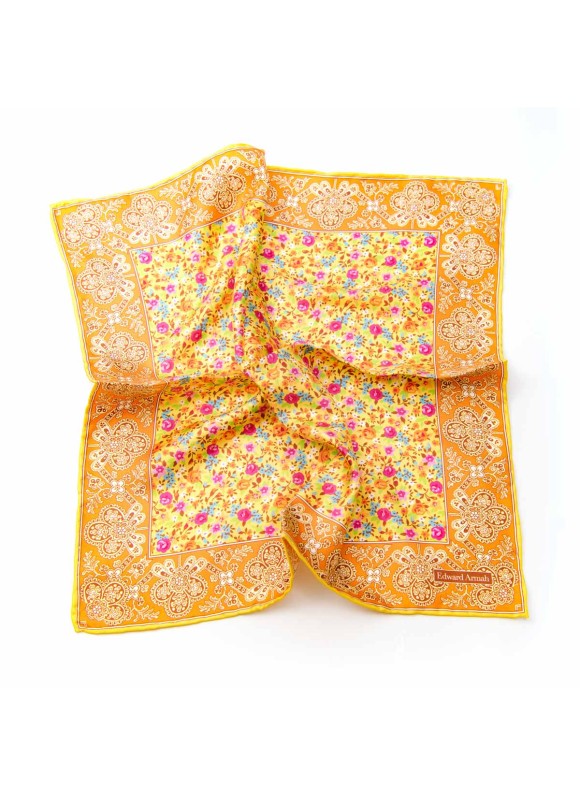 Yellow/Fuchsia/Orange Floral Print Pocket Square 