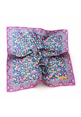 Navy/Fuchsia/Orange Floral Print Pocket Square, 100% Silk Twill, Hand Roll (45x45cm) 