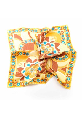 Yellow/Brown/Blue Retro Print Pocket Square, 100% Silk Twill, Hand Roll(45x45cm) 