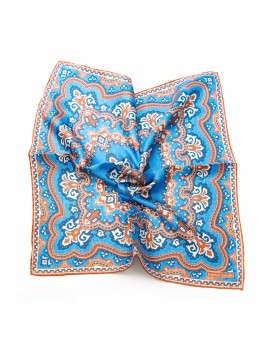 Blue/Brown Persian Print Pocket Square, 1100% Silk Twill, Hand Roll (45x45cm)