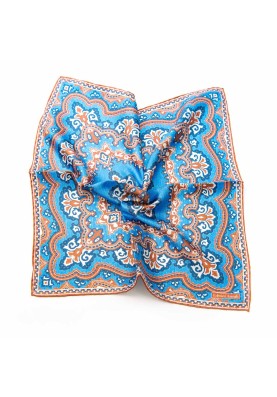 Blue/Brown Persian Print Pocket Square, 1100% Silk Twill, Hand Roll (45x45cm) 