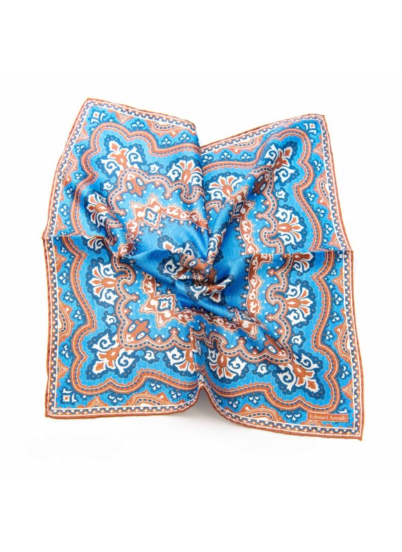 Blue/Brown Persian Print Pocket Square, 1100% Silk Twill, Hand Roll (45x45cm)