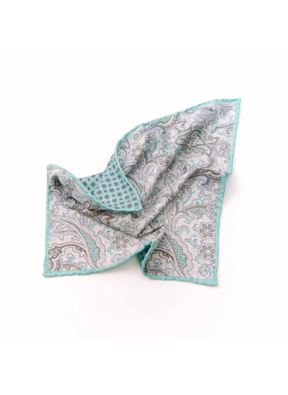 Turq/Grey Exploded Paisley/Neat Print Reversible Pocket Square