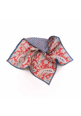 Red/Denim Exploded Paisley/Neat Print Reversible Pocket Square 