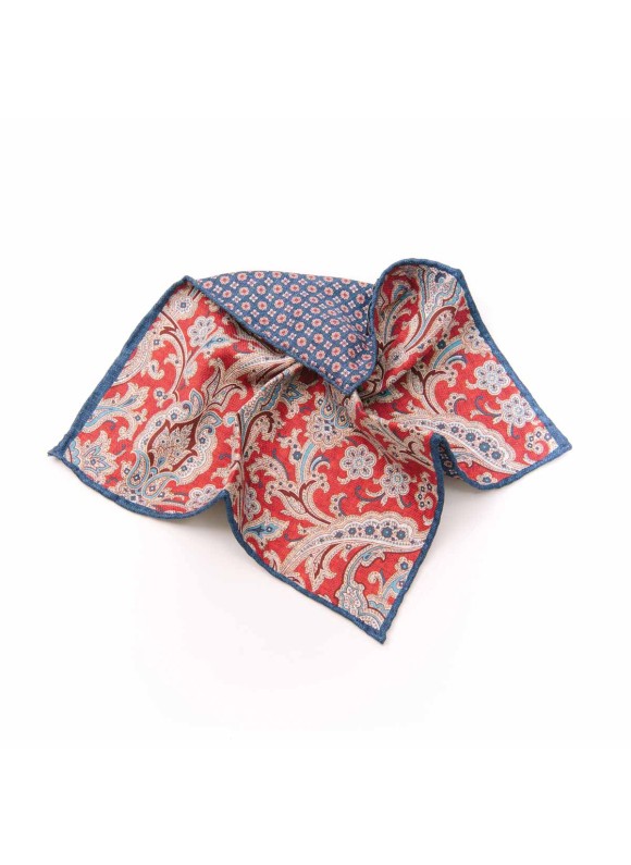 Red/Denim Exploded Paisley/Neat Print Reversible Pocket Square