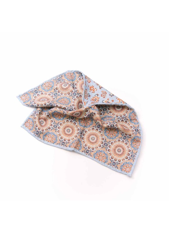 Lt. Blue/Rust Medallions/Pine Paisley Print Reversible Pocket Square