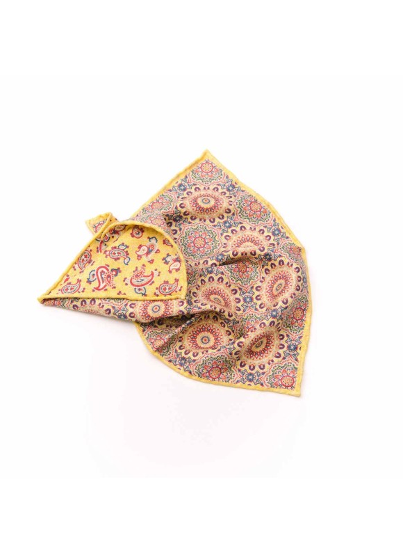 Orange/Blue Medallions/Pine Paisley Print Reversible Pocket Square