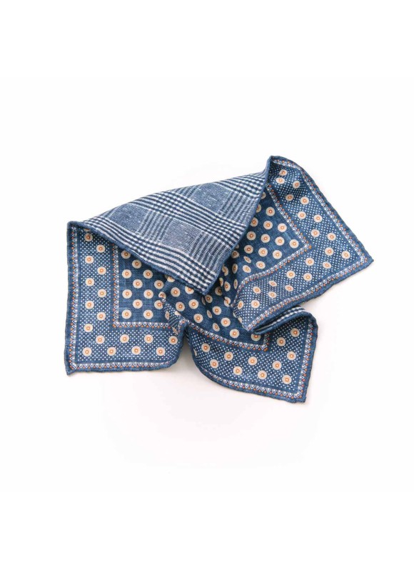 Denim/Rust Shadowed Dots/Plaid Print Reversible Pocket Square