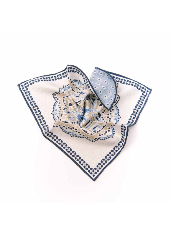 White Smoke/Navy/Lt. Blue Mono Medallion/Neat  Print Reversible Pocket Square