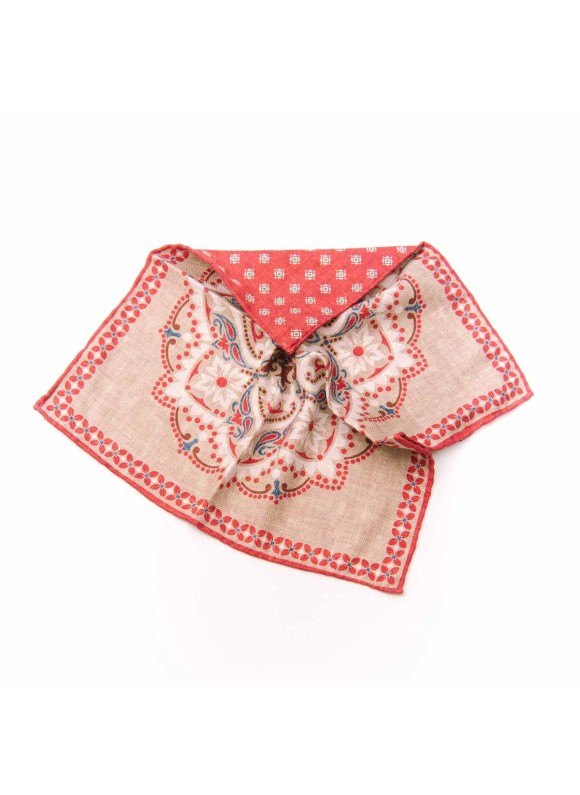 Tan/Red  Mono Medallion/Neat  Print Reversible Pocket Square