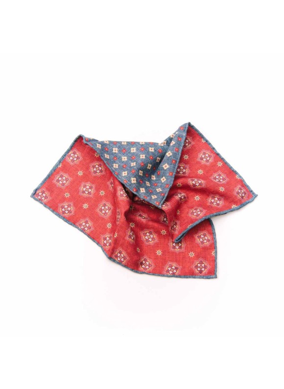 Red/Denim Neat/Mini Quatrefoil Neat Print Reversible Pocket Square