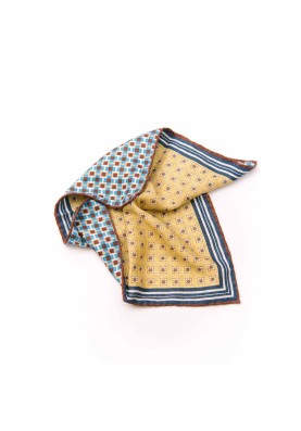 Yellow/Deep Blue/Brown Dot Pattern/Cross Neat Print Reversible Pocket Square 