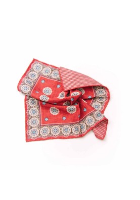 Red/Blue Medallions/Houndstooth  Print Reversible Pocket Square 