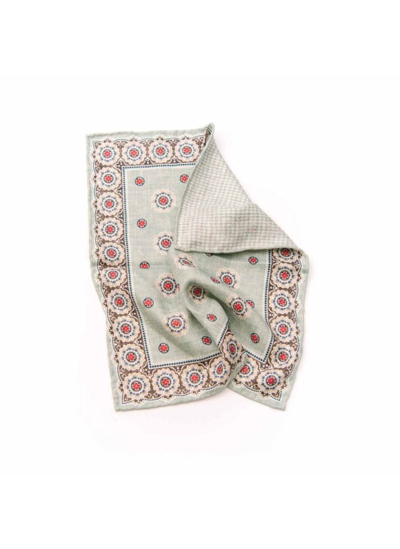 Mint/Red Medallions/Houndstooth  Print Reversible Pocket Square