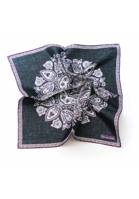 Charcoal/Purple Persian Print Pocket Square, 100% Silk Twill, Hand Roll, 45x45cm 