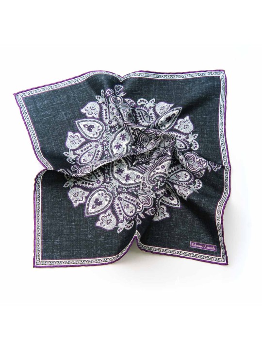 Charcoal/Purple Persian Print Pocket Square, 100% Silk Twill, Hand Roll, 45x45cm