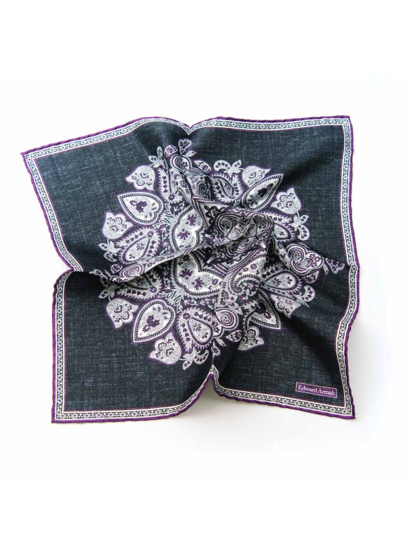 Charcoal/Purple Persian Print Pocket Square, 100% Silk Twill, Hand Roll, 45x45cm