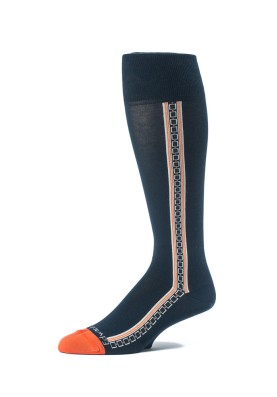 Navy/Orange Oc Solid With Pattern Stripe On Sides Socks 