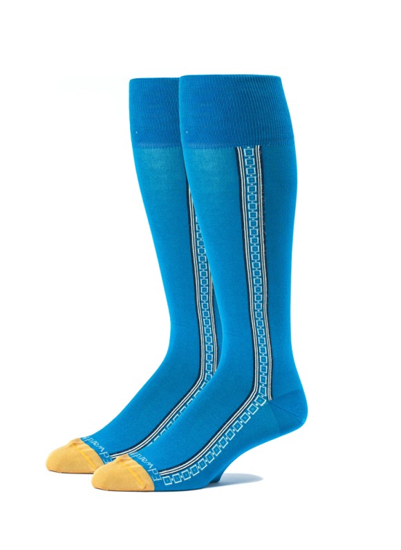 Blue/Mustard Oc Solid With Pattern Stripe On Sides  Socks