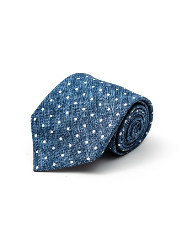 Denim/White Polka Dots Silk Shappe Diamante Print Tie