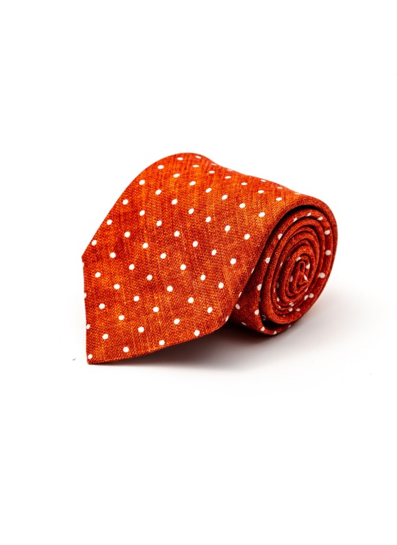 Rust/White Polka Dots Silk Shappe Diamante Print Tie