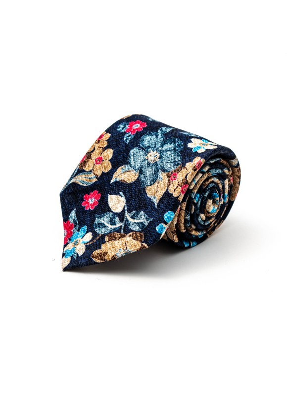 Navy Floral Silk Shappe Diamante Print Tie