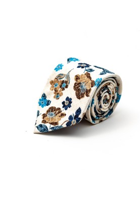 Off- White Floral Silk Shappe Diamante Print Tie 