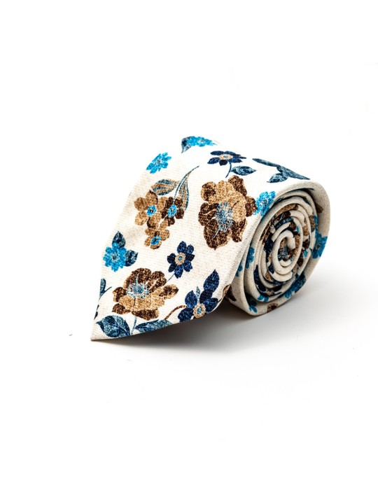 Off- White Floral Silk Shappe Diamante Print Tie