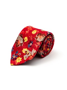 Crimson Floral Silk Shappe Diamante Print Tie