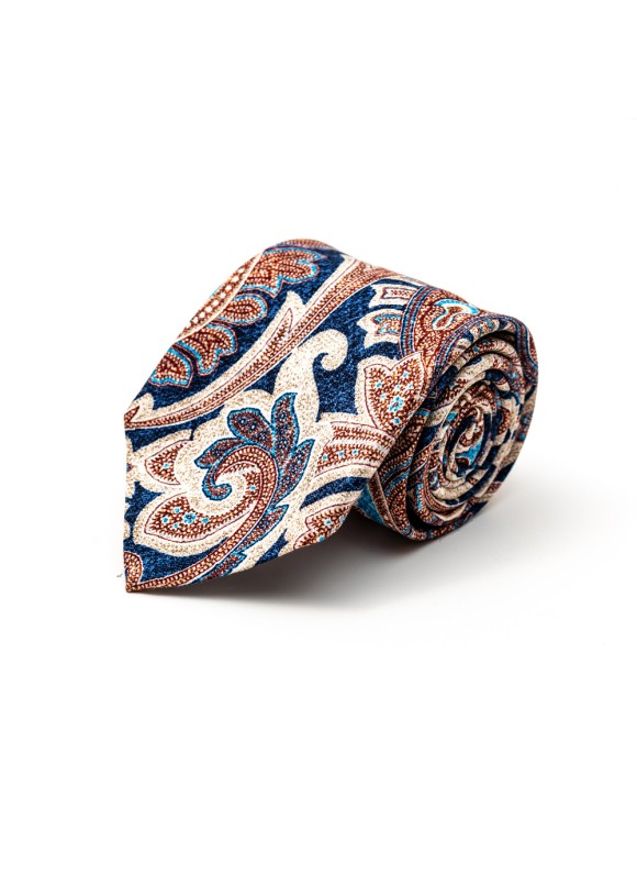 Brown/Denim/Deep Sky Blue Paisley Silk Shappe Diamante Print Tie