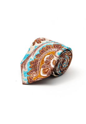 Brown/Mustard/Vivid Sky Blue Paisley Silk Shappe Diamante Print Tie 