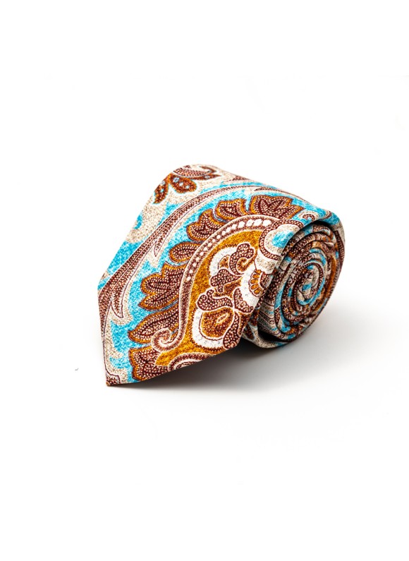 Brown/Mustard/Vivid Sky Blue Paisley Silk Shappe Diamante Print Tie