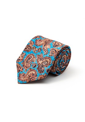 Deep Sky Blue Pine Paisley Silk Shappe Diamante Print Tie 