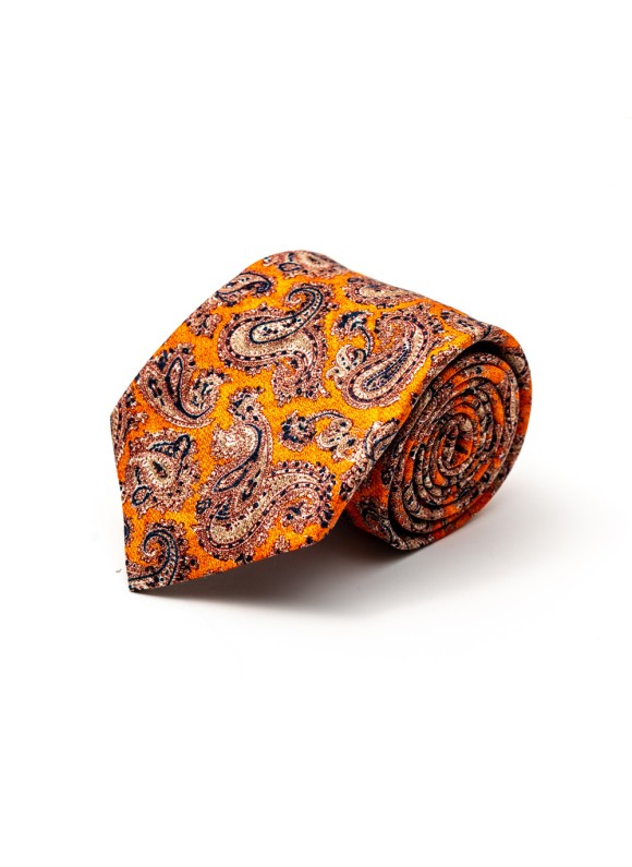 Orange Pine Paisley Silk Shappe Diamante Print Tie