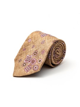 Khaki Foulard Silk Shappe Diamante Print Tie