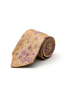 Khaki Foulard Silk Shappe Diamante Print Tie 