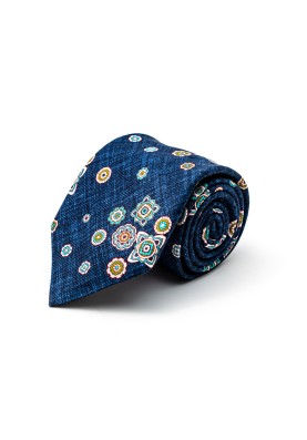 Denim Foulard Silk Shappe Diamante Print Tie 