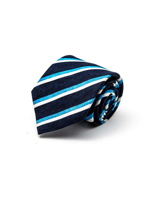 Navy/Deep Sky Blue Regimental Stripes Silk Shappe Diamante Print Tie