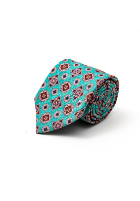 Turquoise/Sienna Foulard Silk Shappe Diamante Print Tie 