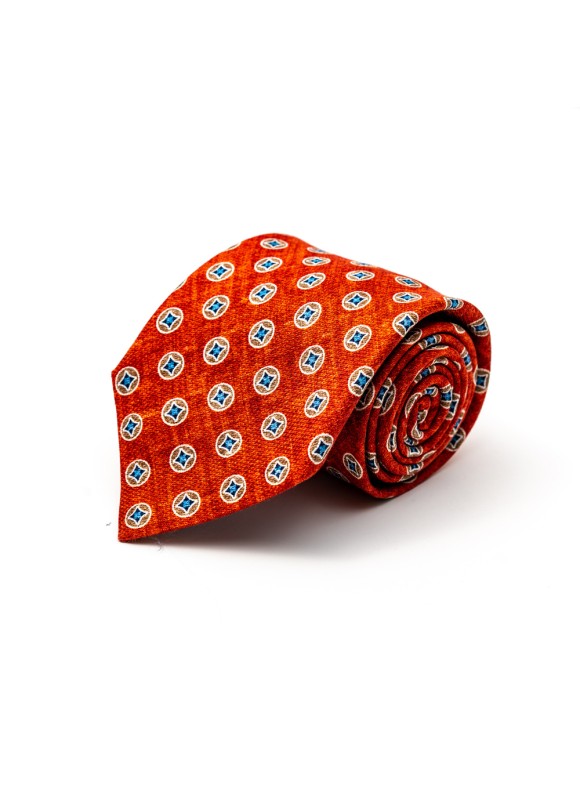 Rust/Blue Mini Medallions Silk Shappe Diamante Print Tie