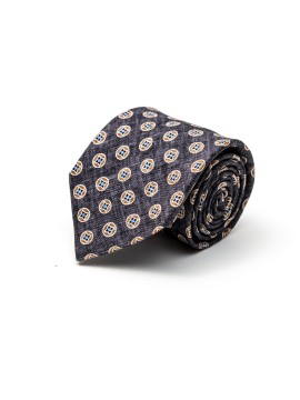 Charcoal/Blue Mini Medallions Silk Shappe Diamante Print Tie