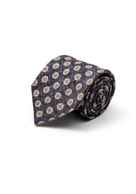 Charcoal/Blue Mini Medallions Silk Shappe Diamante Print Tie 