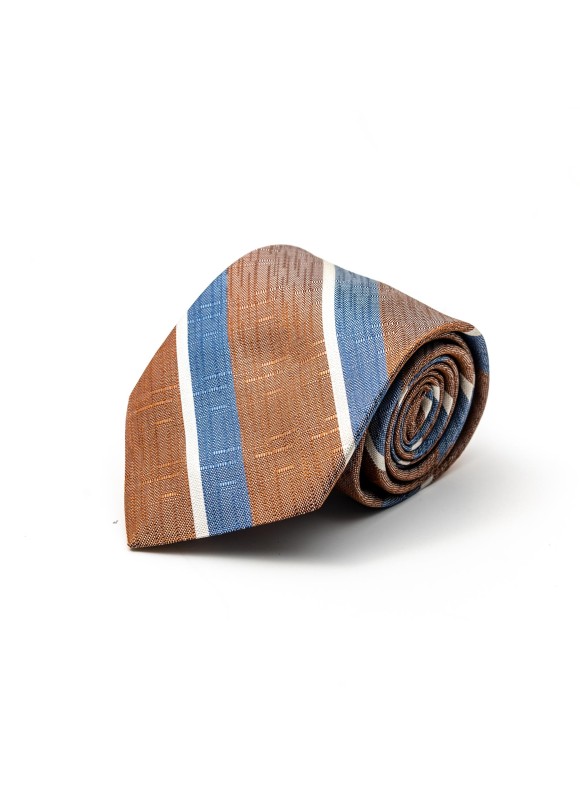 Brown Sugar/Denim/Off White Bayadere Stripes Silk Tie